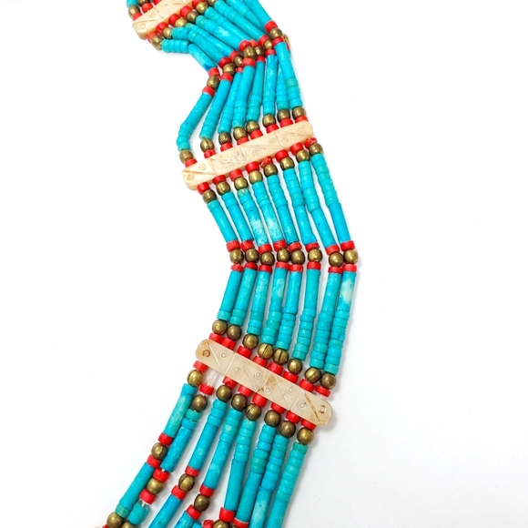 Tribal Blue Turquoise & Red Coral  Necklace Ethnic Bohemian Clay 8 Stran… - Picture 6 of 12
